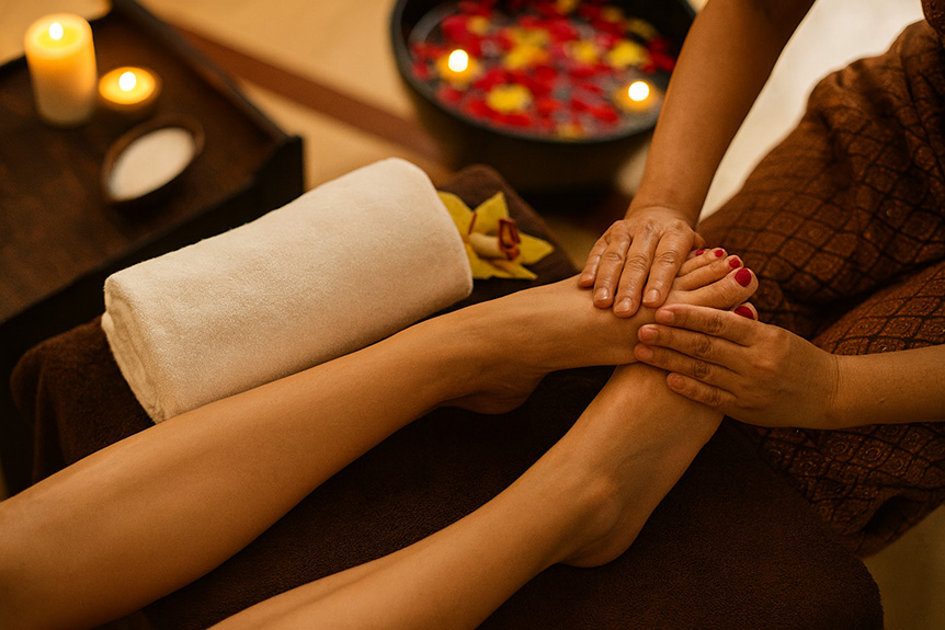 Spa foot massage with candles and flower bowl