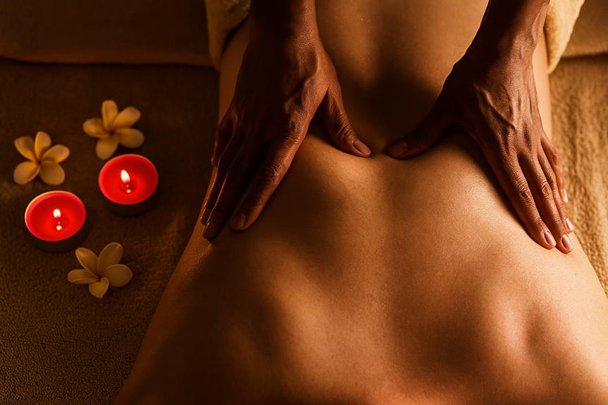 Close-up of a deep tissue massage with a therapist applying firm pressure on the lower back, surrounded by lit candles and plumeria flowers for a calming spa atmosphere.
