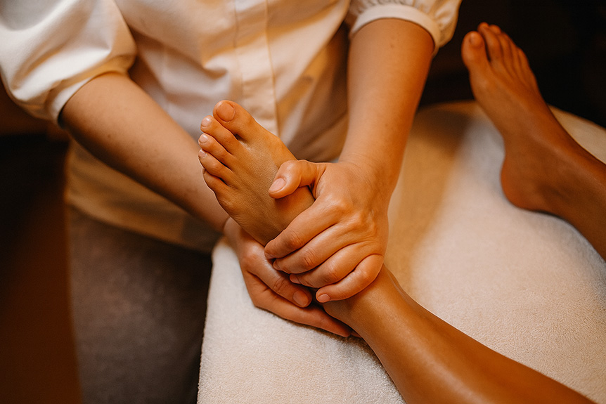 Close-up of therapist giving foot massage