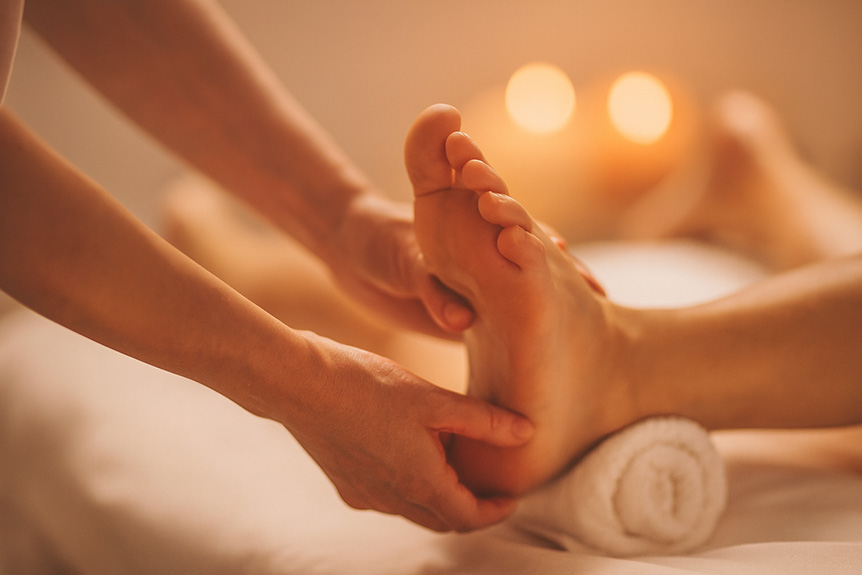 Close-up view of a relaxing foot massage in a spa setting.