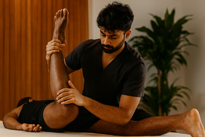 Therapist stretching male leg