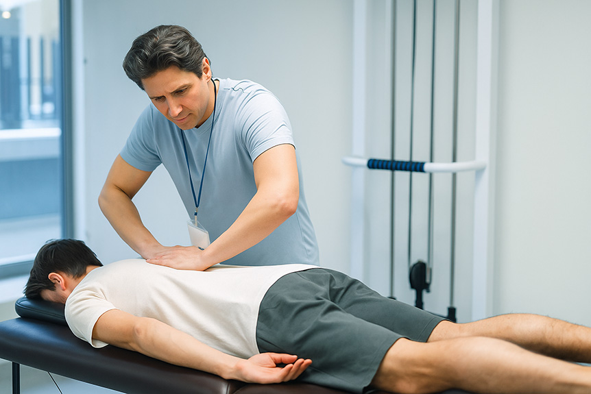 Massage therapist performing back massage on a male athlete in clinic.