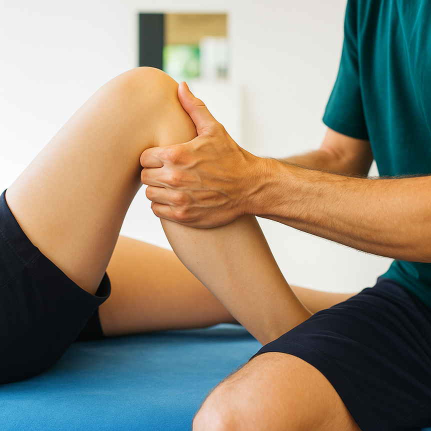 A physiotherapist supports a patient's bent leg during a rehabilitation exercise, focusing on knee alignment and joint support.