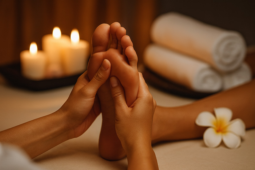 Close-up of a foot massage in a calming spa setting