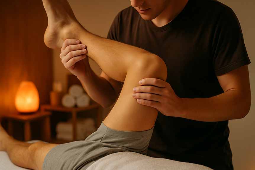 Massage therapist performing a leg stretch on a client in a spa setting.