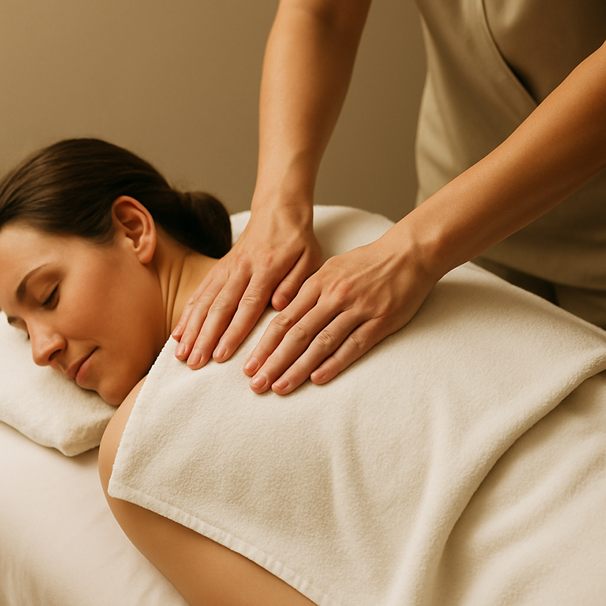 Therapist applying firm pressure to a client’s upper back during a deep tissue massage, client fully draped on a massage table.