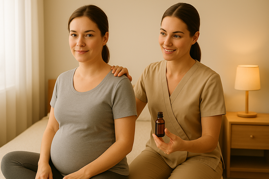 A pregnant woman sitting on a massage table while a massage therapist offers essential oil during a prenatal massage consultation in a warmly lit room.