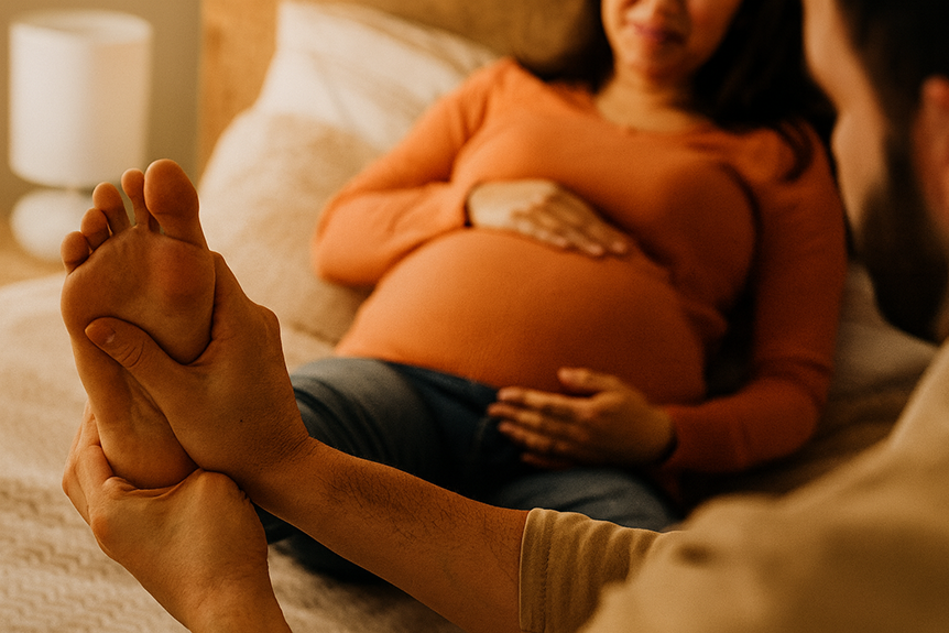 A pregnant woman lying on a bed, smiling while receiving a gentle foot massage from her partner at home.