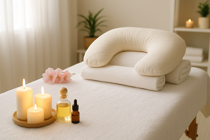 A serene prenatal massage setup with a cushioned body pillow, rolled towels, candles, massage oils, and pink flowers in a calming spa room.