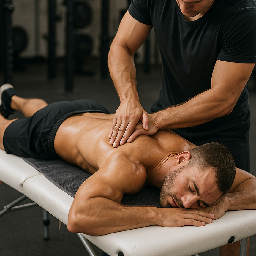 A man receiving a sports massage on a therapy table, with the therapist applying firm pressure to the upper back and shoulders to relieve muscle tension and improve recovery.