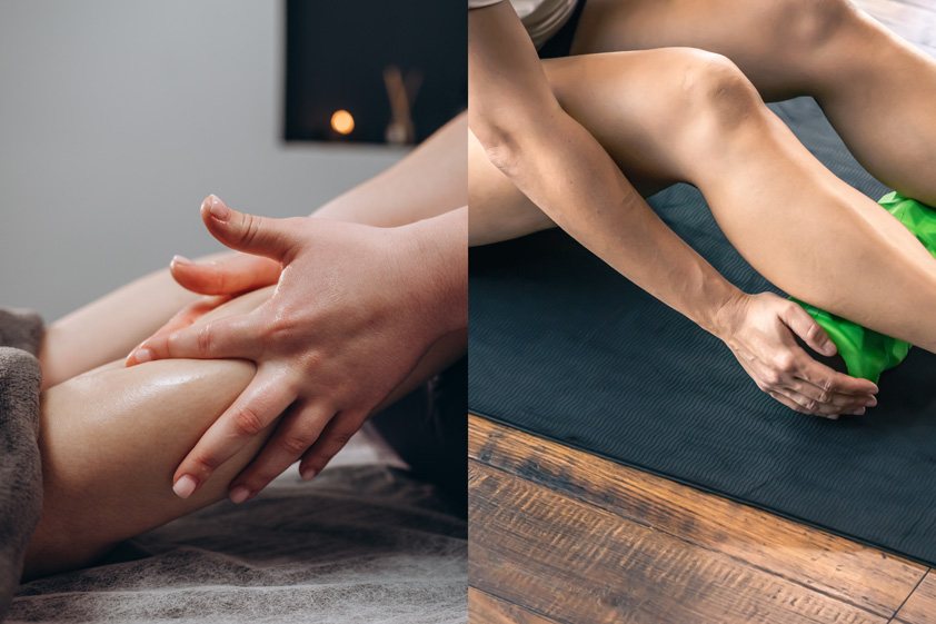 Spa Foot Massage and Foam Roller Fascia Stretching for Athletes
